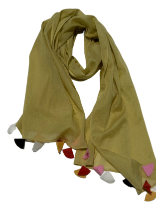 Olive Mul Cotton Scarf with Fabric Tassels