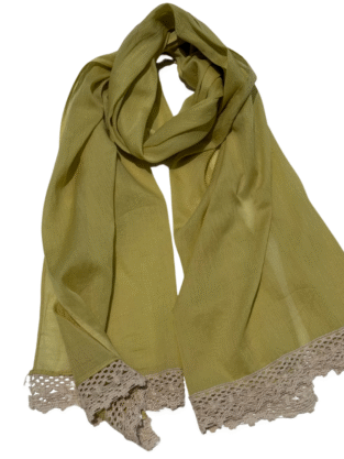 Olive Dew Mul Cotton Scarf with Chrochet Lace